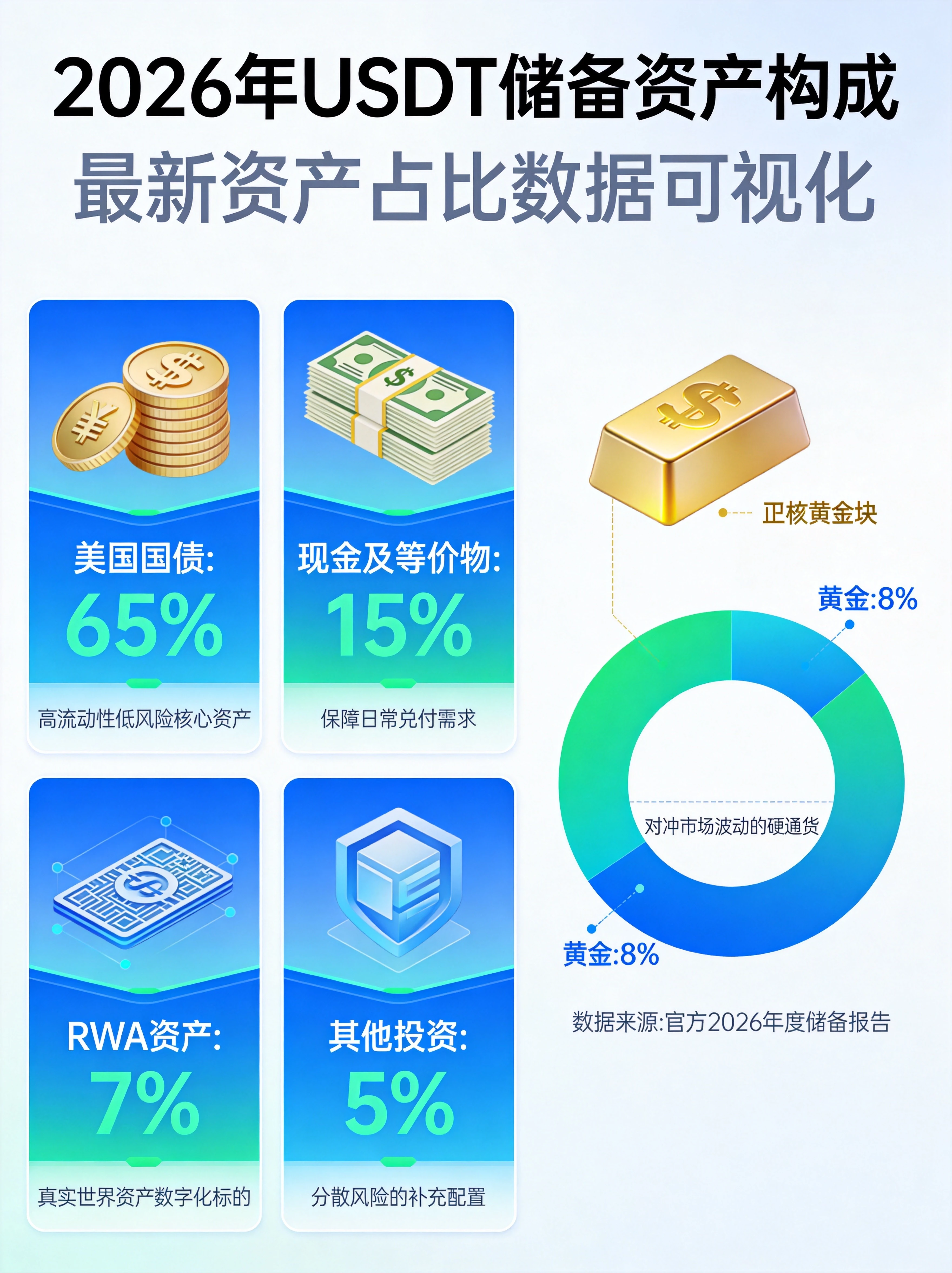 : 2026年USDT储备资产构成信息图,展示美国国债、现金、黄金、RWA资产等最新配置比例数据可视化 : 2026年USDT储备资产构成信息图,展示美国国债、现金、黄金、RWA资产等最新配置比例数据可视化