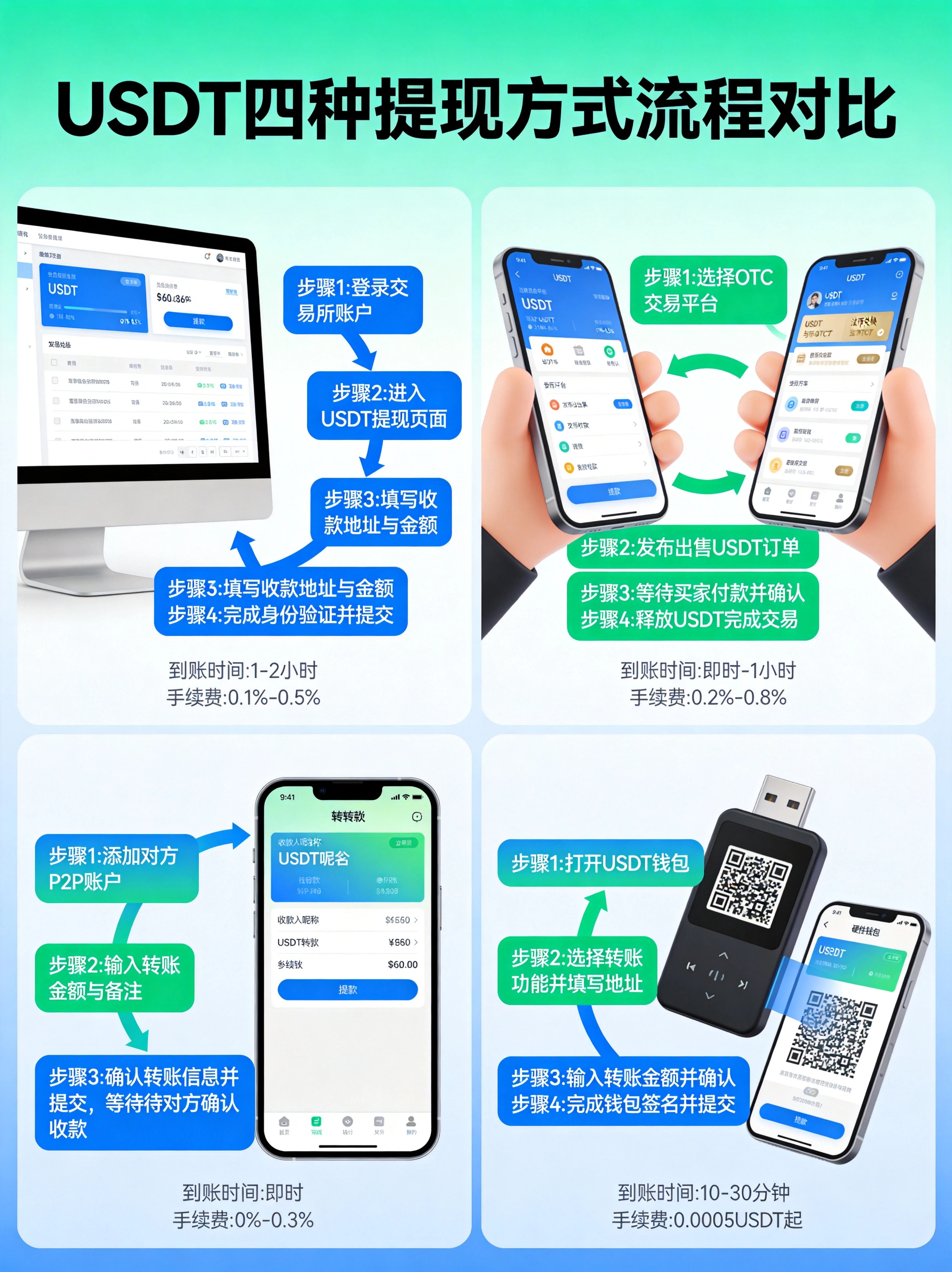 USDT四种提现方式对比流程图,交易所提现、OTC交易、P2P转账、钱包直接转账的操作步骤可视化 USDT四种提现方式对比流程图,交易所提现、OTC交易、P2P转账、钱包直接转账的操作步骤可视化