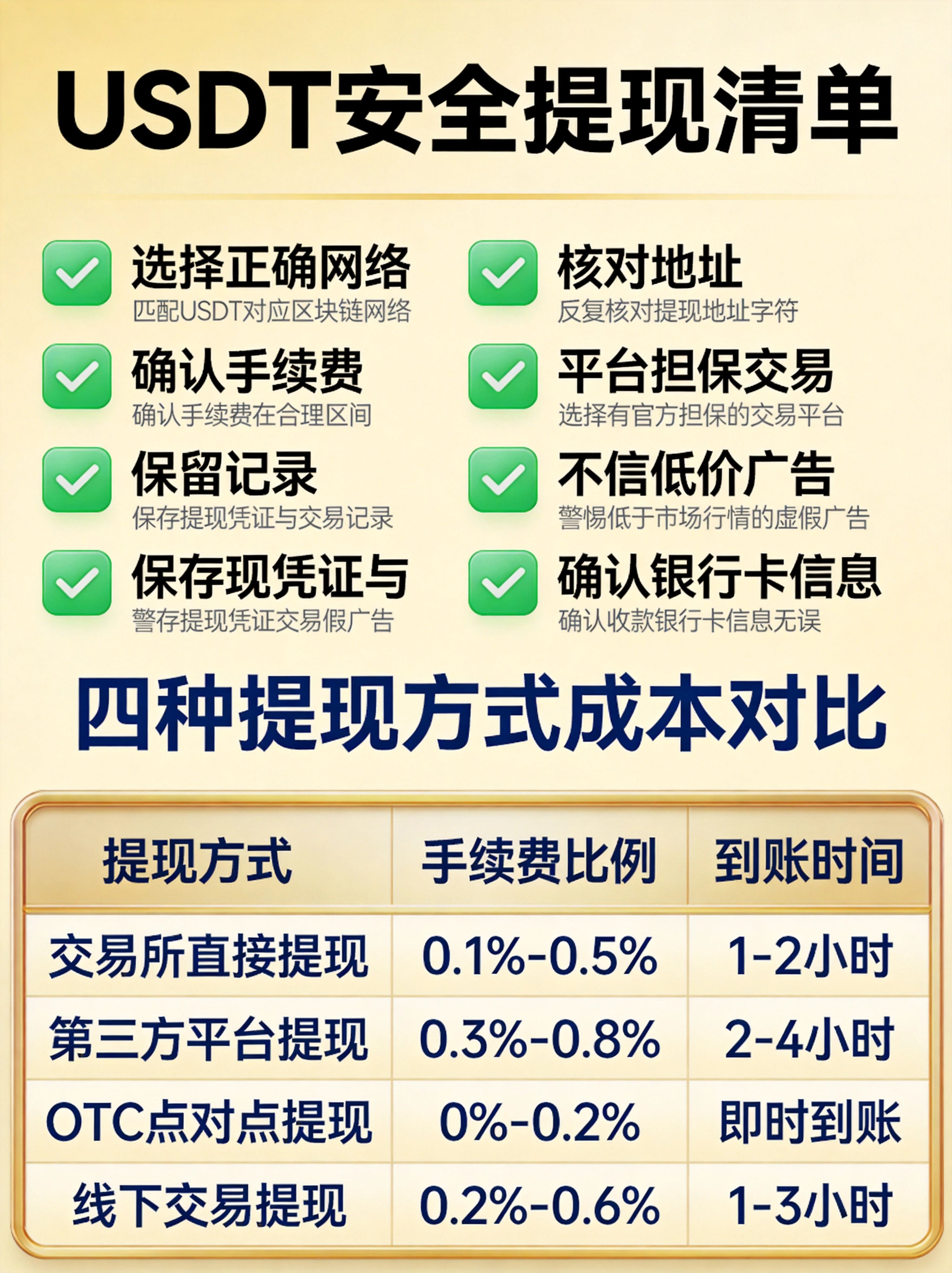 USDT安全提现清单与成本对比图,展示选择正确网络、核对地址、确认手续费、平台担保交易、保留记录、不信低价广告、确认银行卡信息七大安全检查点,以及四种提现方式成本对比总表 USDT安全提现清单与成本对比图,展示选择正确网络、核对地址、确认手续费、平台担保交易、保留记录、不信低价广告、确认银行卡信息七大安全检查点,以及四种提现方式成本对比总表