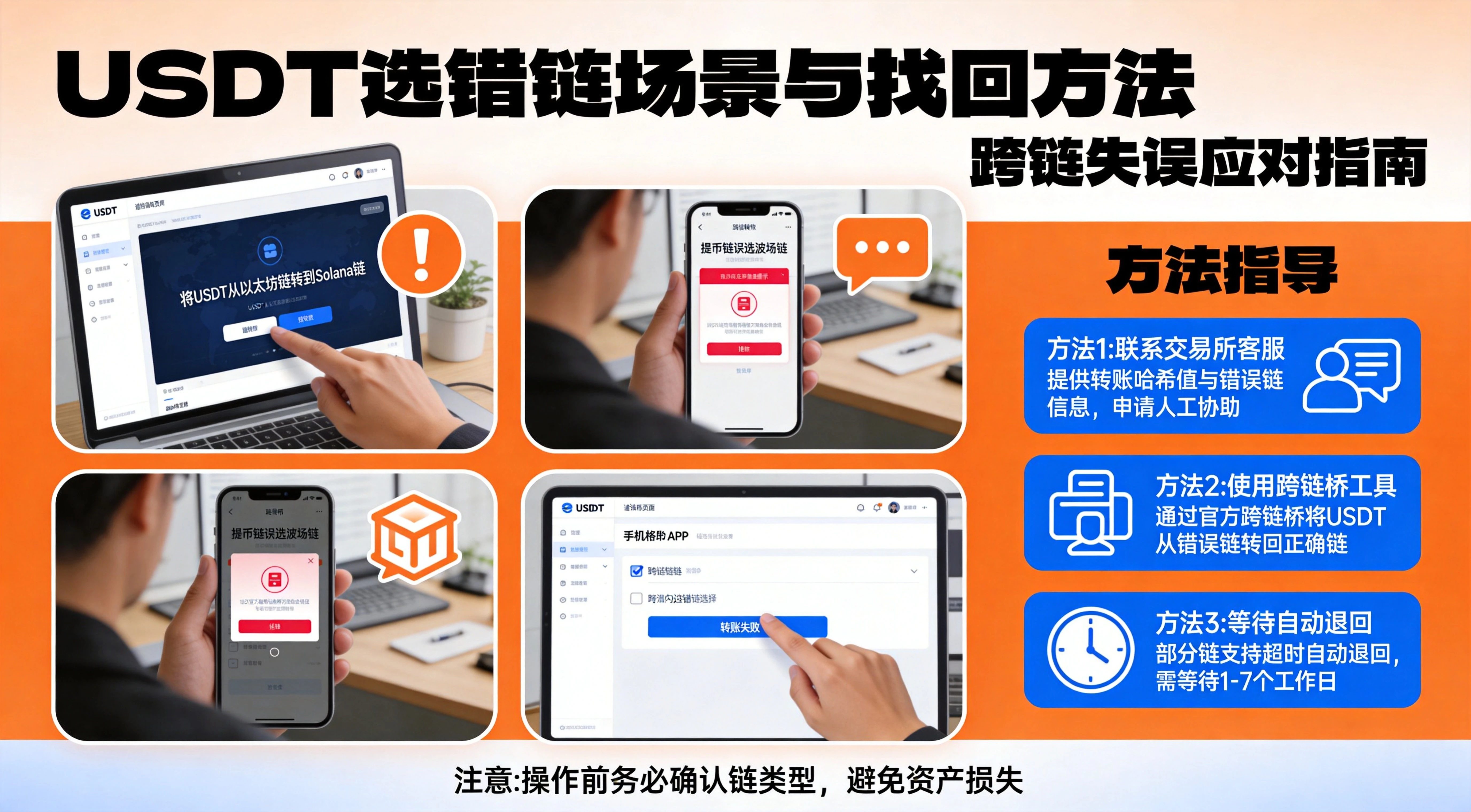 USDT选错链场景与找回方法信息图,涵盖选错链常见原因、结果场景与对应找回方法,橙蓝警示财经风格 USDT选错链场景与找回方法信息图,涵盖选错链常见原因、结果场景与对应找回方法,橙蓝警示财经风格