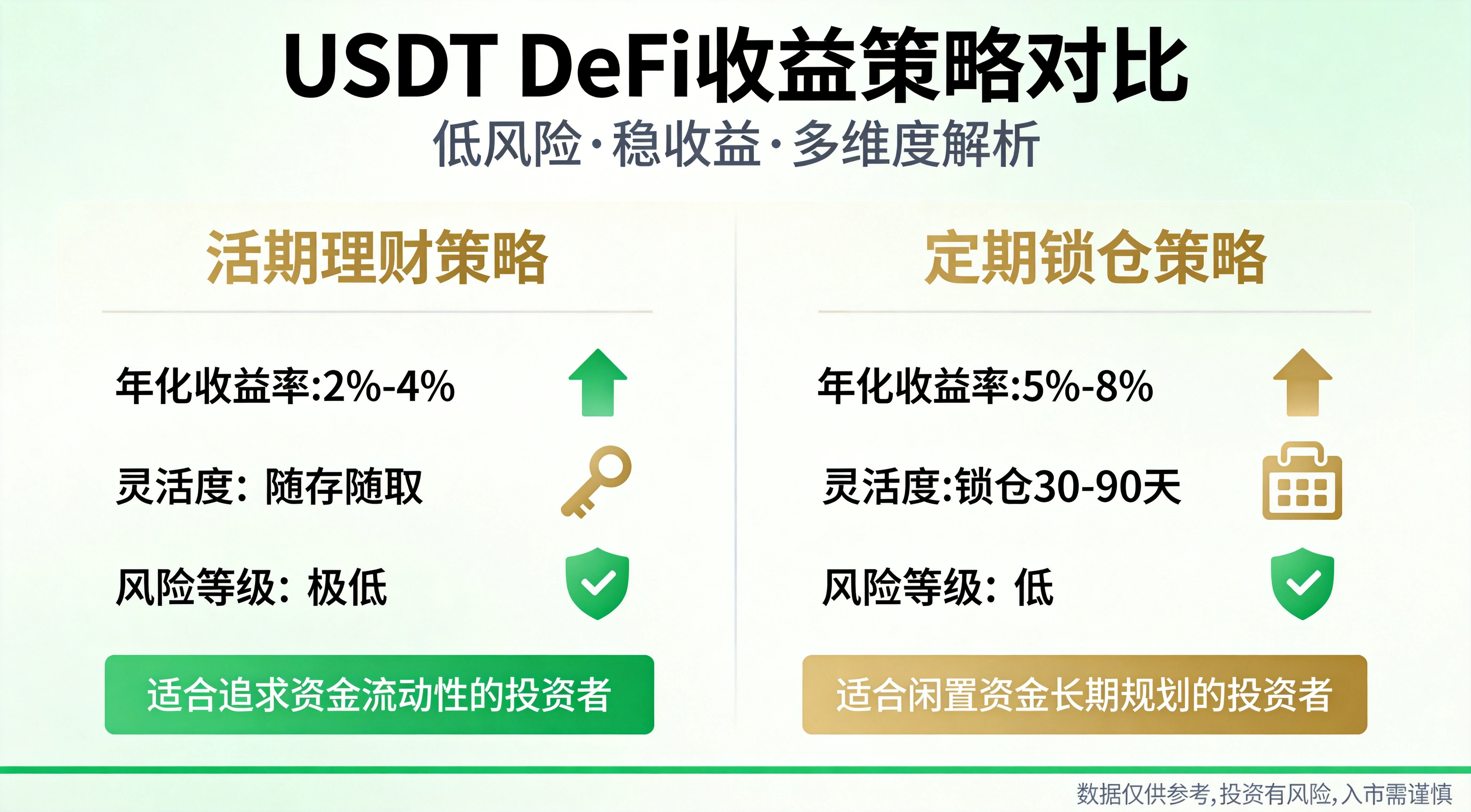 USDT DeFi收益策略多维度对比信息图,涵盖各策略的年化收益、风险等级、操作难度等核心维度对比,绿金稳健财经风格 USDT DeFi收益策略多维度对比信息图,涵盖各策略的年化收益、风险等级、操作难度等核心维度对比,绿金稳健财经风格