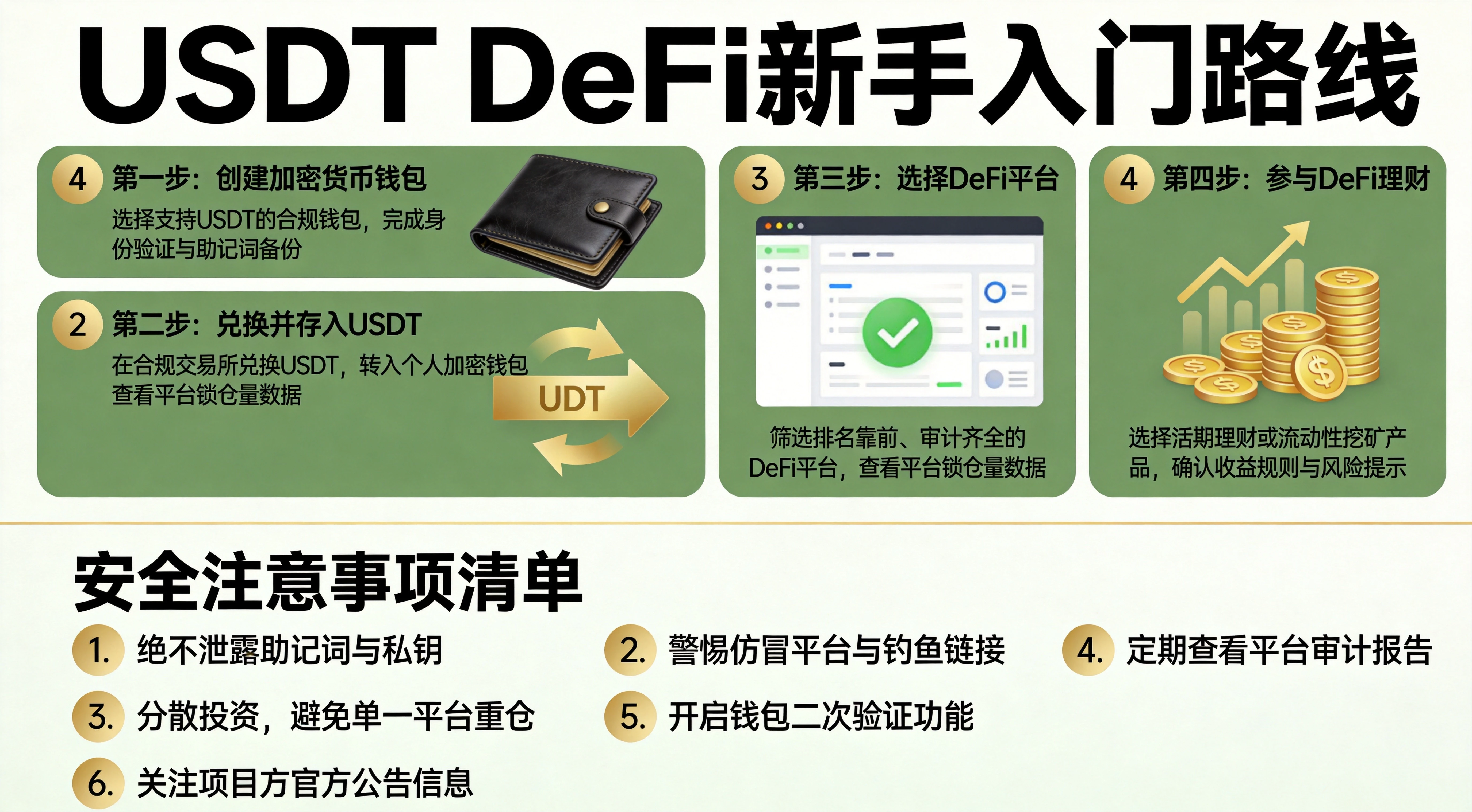 USDT DeFi新手入门路线与安全注意事项清单图,上半部分列出4步新手入门路线,下半部分给出6项安全注意事项,绿金专业信息图风格 USDT DeFi新手入门路线与安全注意事项清单图,上半部分列出4步新手入门路线,下半部分给出6项安全注意事项,绿金专业信息图风格