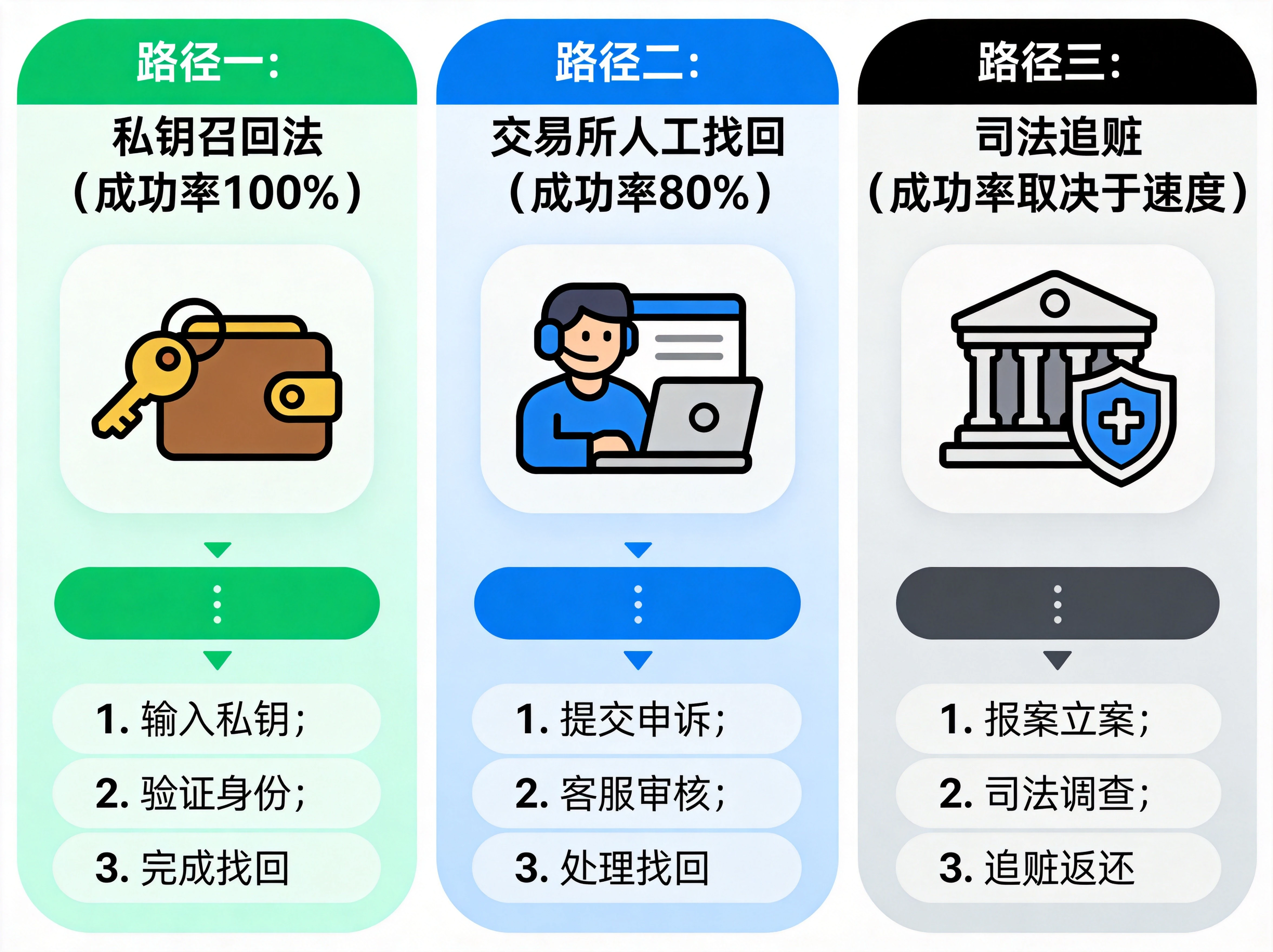 三条找回路径流程图,三个并列板块从左到右:路径一私钥召回法(成功率100%)、路径二交易所人工找回(80%)、路径三司法追赃(取决于速度),每个板块配有图标和核心步骤要点 三条找回路径流程图,三个并列板块从左到右:路径一私钥召回法(成功率100%)、路径二交易所人工找回(80%)、路径三司法追赃(取决于速度),每个板块配有图标和核心步骤要点